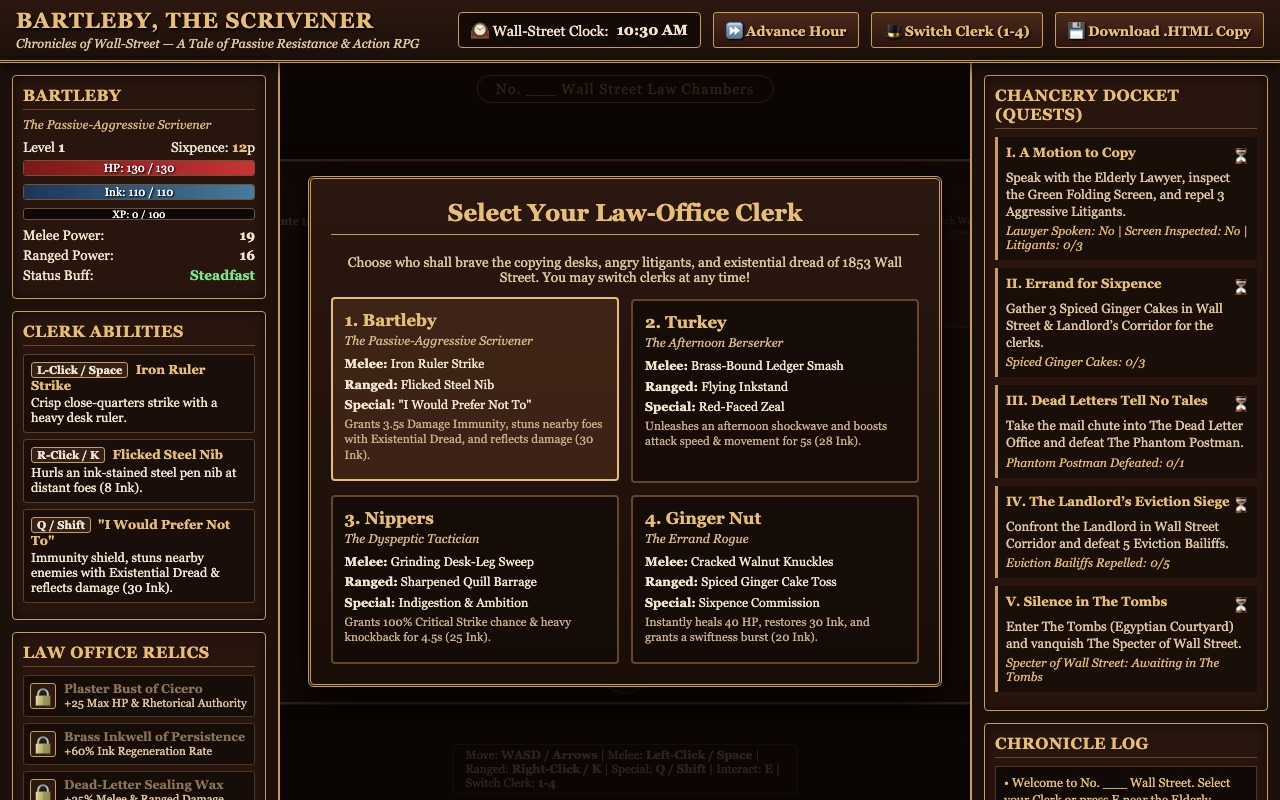 Title screen: a clerk selection dialog with a quest docket and character stats panels