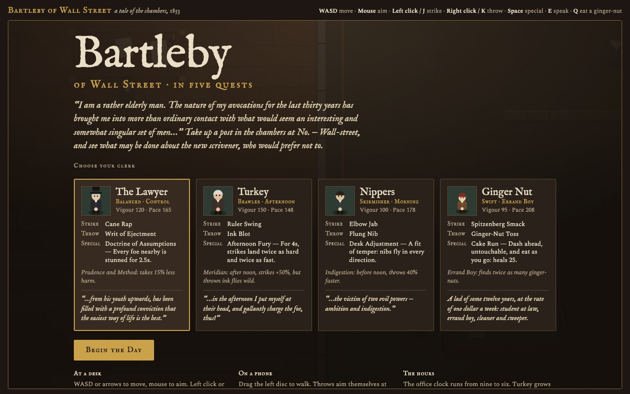 Title screen: Bartleby of Wall Street, with four clerk class cards