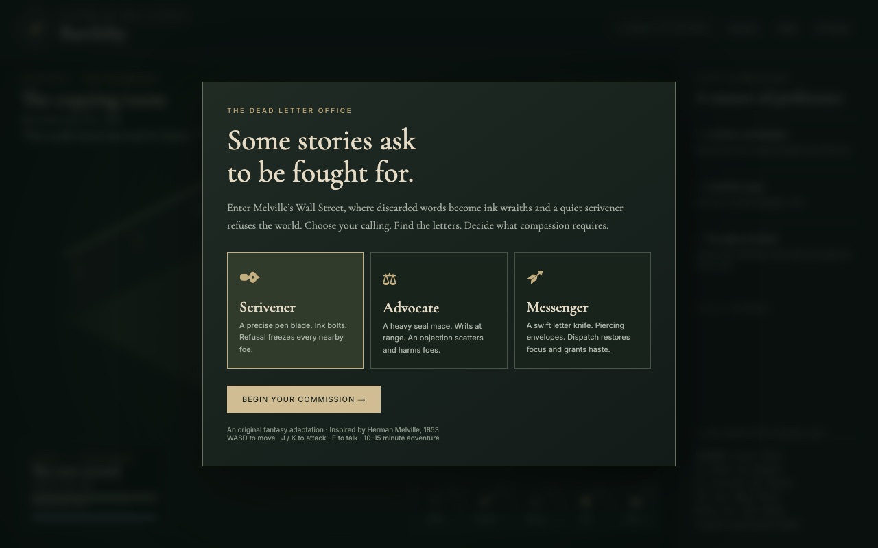 Title screen: The Dead Letter Office, with Scrivener, Advocate and Messenger classes